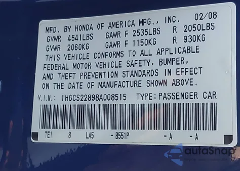 2008 Honda Accord 3.5 Ex-L from USA, damaged, VIN 1HGCS22898A008515